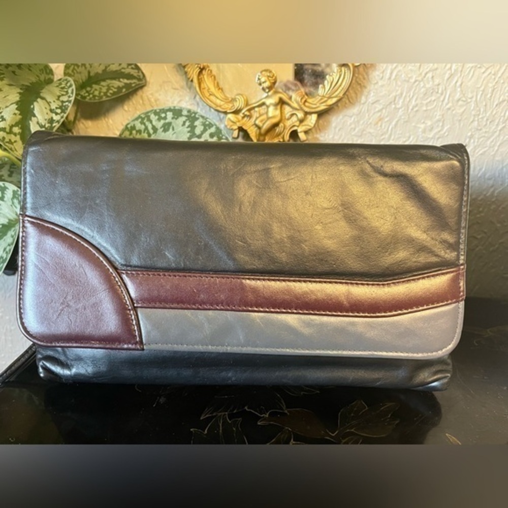 Vintage Black and Burgundy Vegan Leather abstract geometric stripe Evening Bag 6